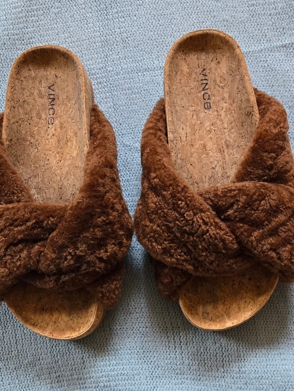 Vince Brown Shearling Cork Slide Sandals.